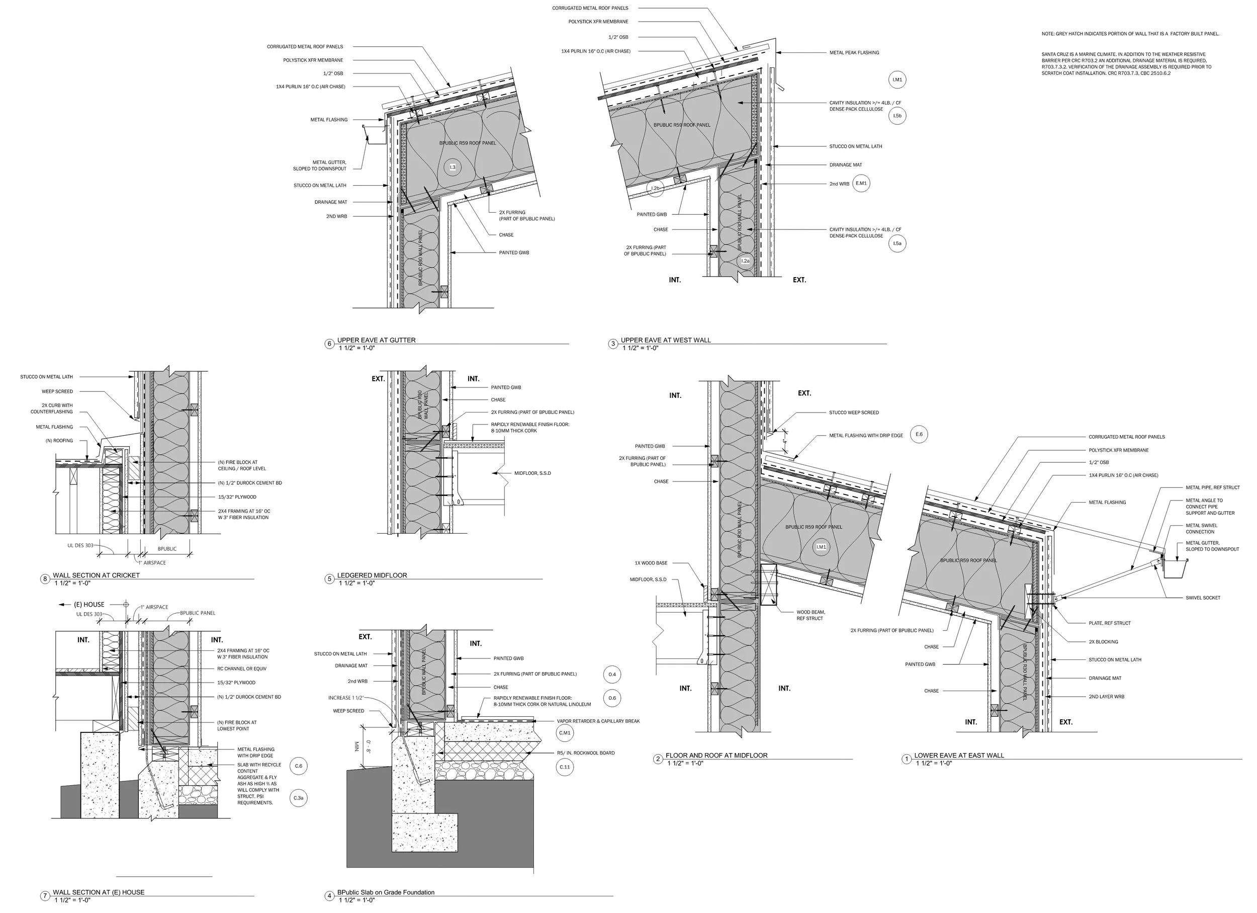 Architectural blueprint of building details including roof panels, insulation, framing, wall sections, and foundation, with labels and specifications.