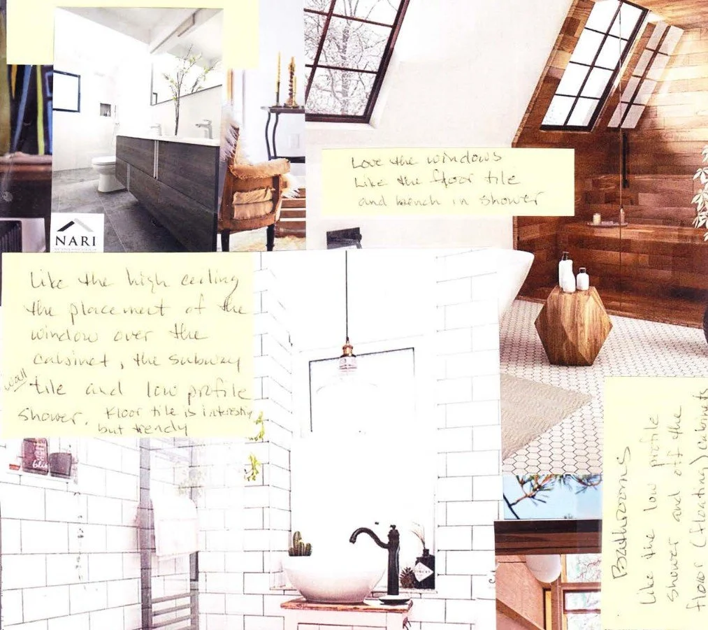 Collage of bathroom and interior design ideas with handwritten notes.