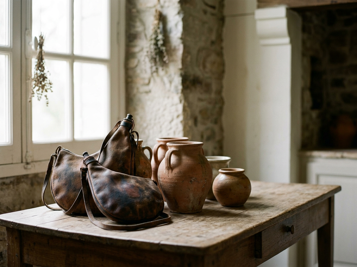 old leather wineskins beside clay jars on a wooden table
