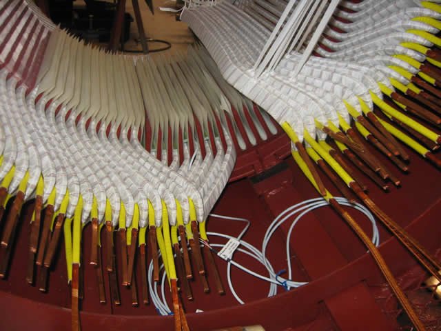 Close-up of an electric motor or generator stator winding with copper coils and insulated cables.