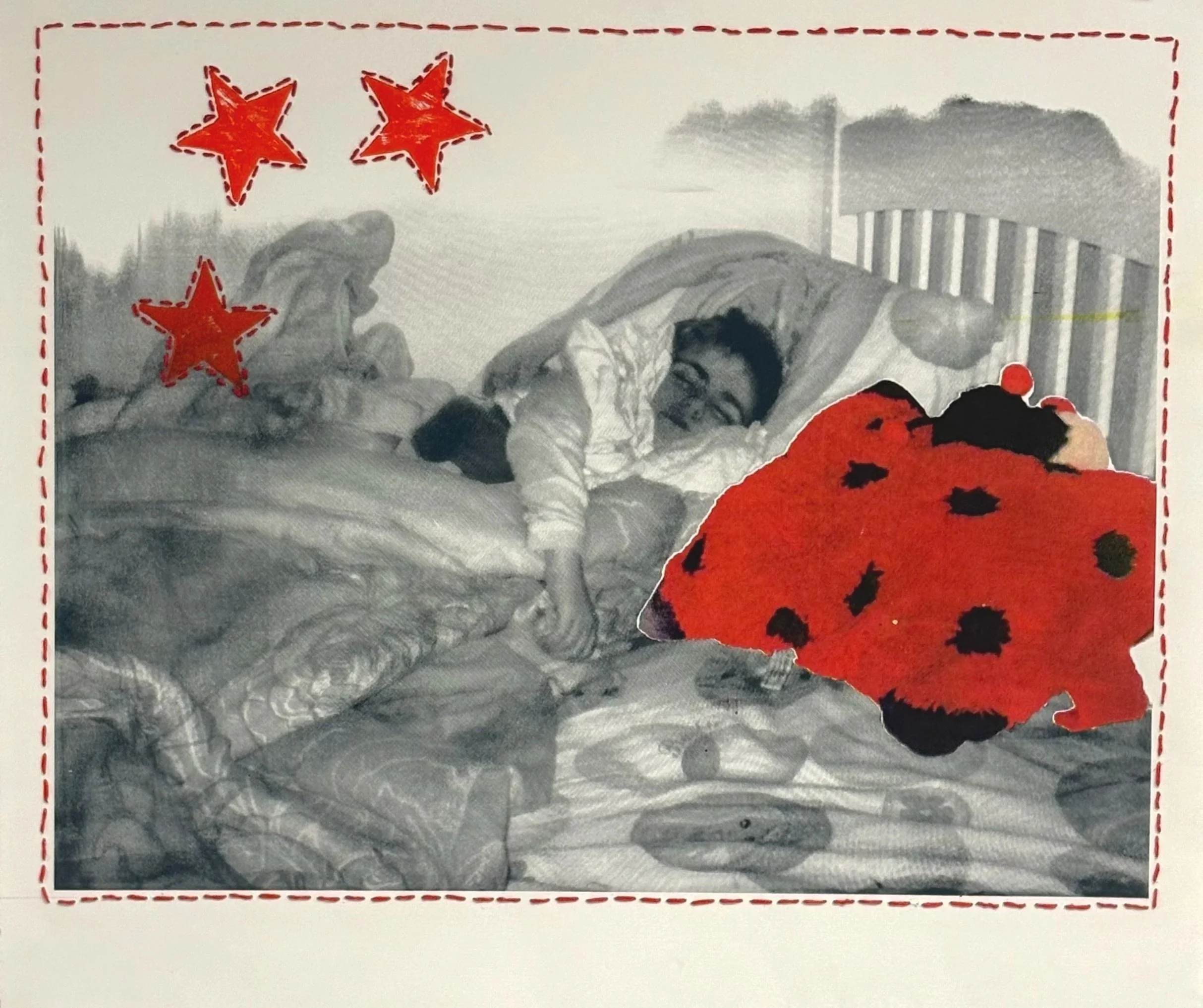 "Cute As A Bug" 2025, CMYK screenprint, grayscale photo emulsion screenprint, linocut, and thread