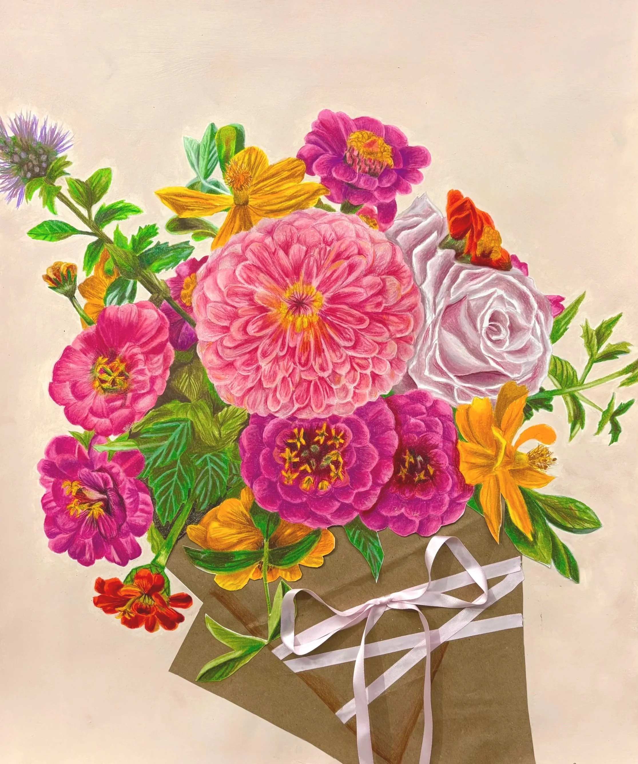 "My Neighbor's Flowers" 2025, Colored pencil, acrylic paint, ribbon, and brown paper bag 