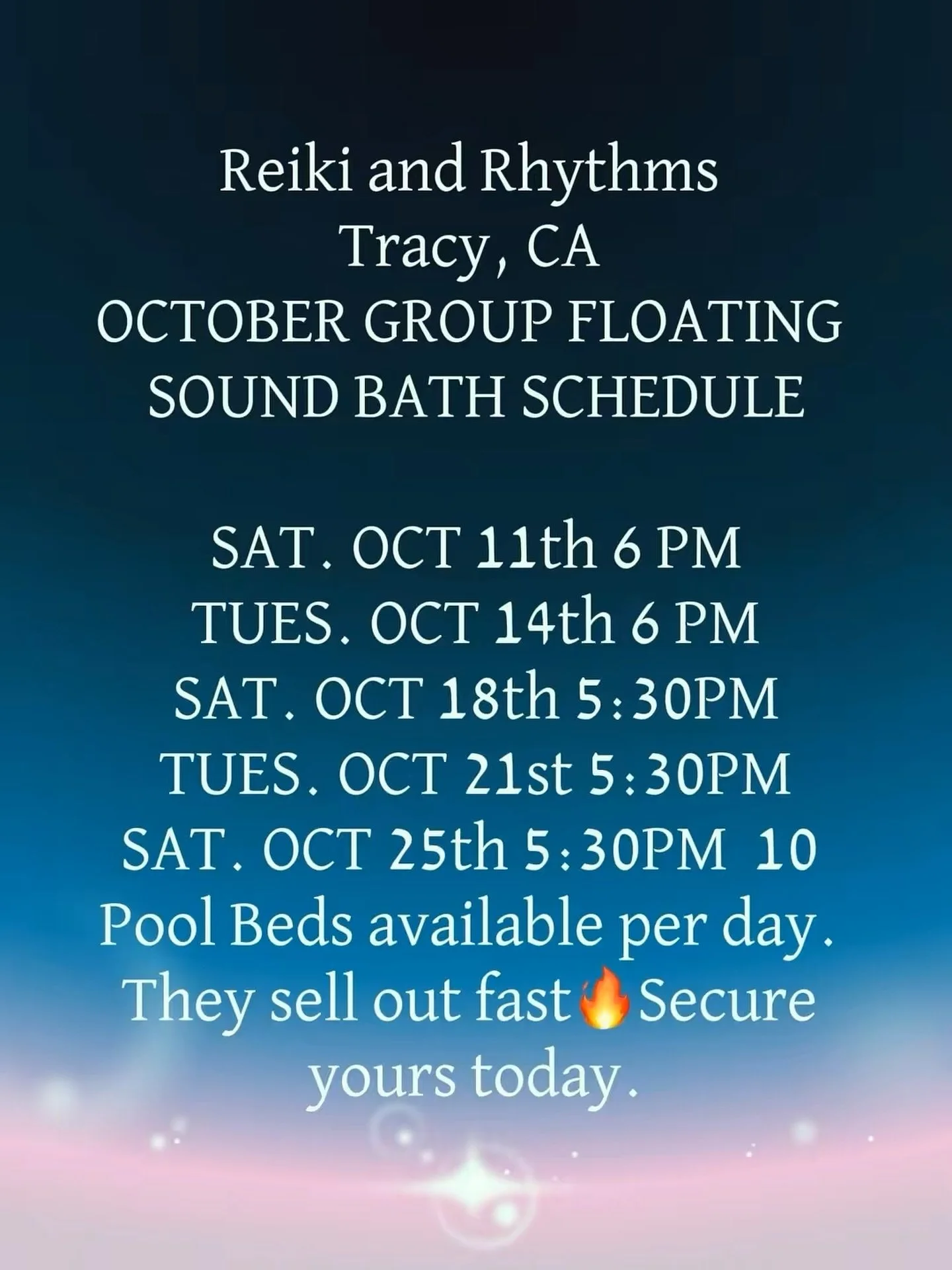 ✨ Hello Vibe Tribe ✨

I&rsquo;m so excited to announce that October Group Floating Sound Bath sessions are now open! This is your chance to float under the autumn skies, surrender to the healing vibrations of crystal bowls and drums, and gift yoursel