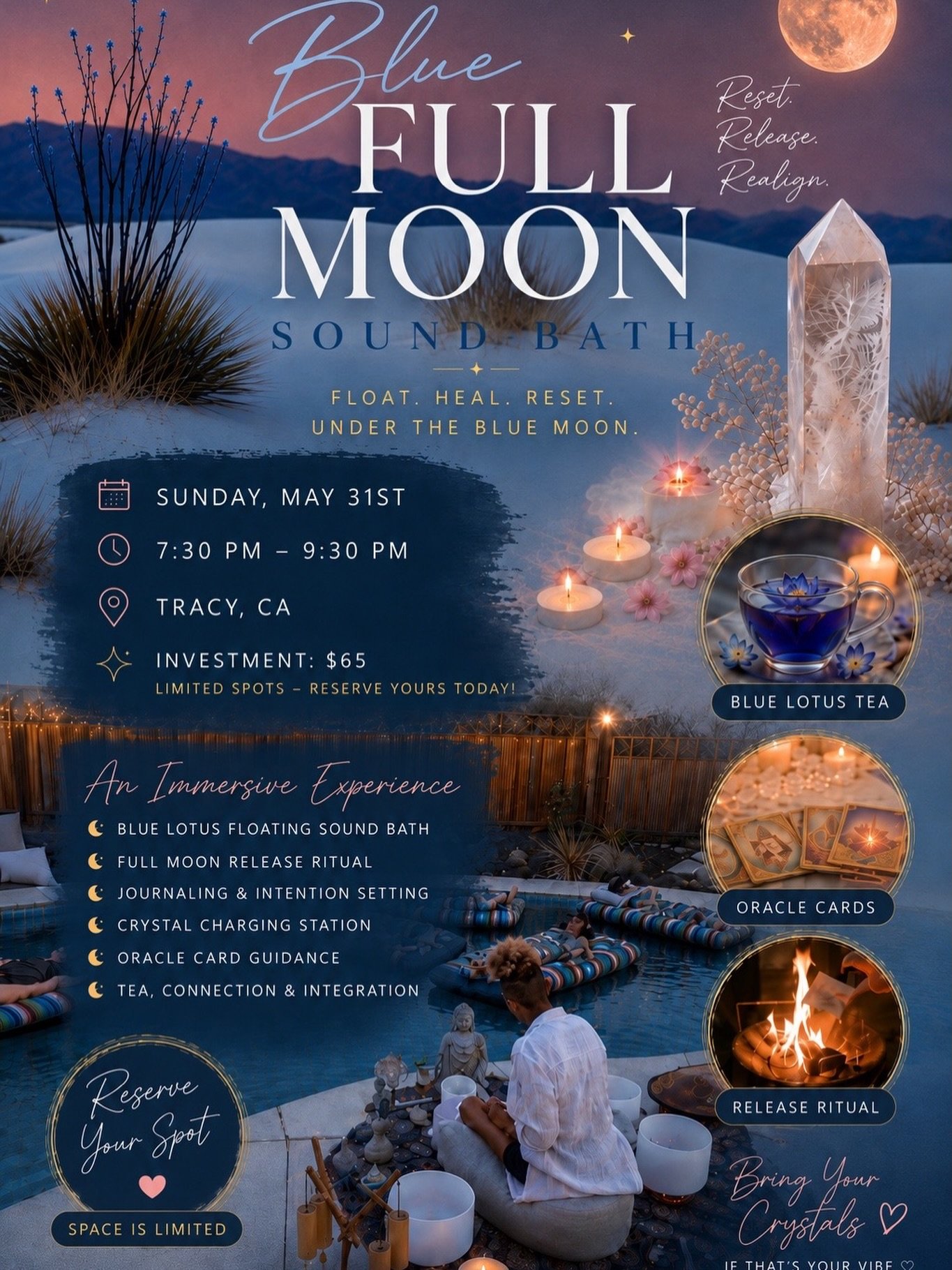 Hey Vibe Tribe ✨ There&rsquo;s been an update to our Blue Full Moon Floating Sound Bath 🌕

We&rsquo;re elevating the experience and extending the evening so we can truly slow down, vibe, connect, and integrate together under the Blue Full Moon.

Wha