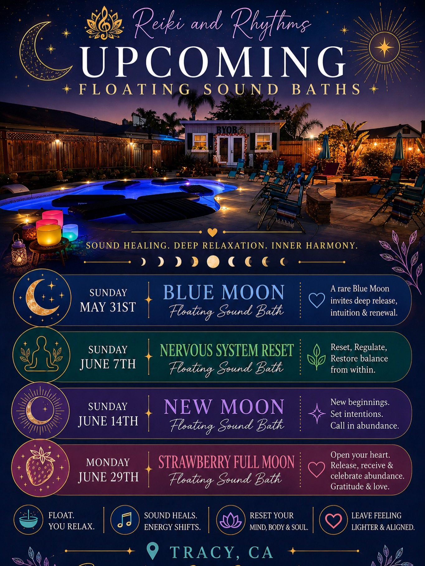 Your body has been in survival mode long enough.
It&rsquo;s time to reset. ✨🌙

This summer, Reiki &amp; Rhythms invites you into one of the most unique wellness experiences in the Central Valley &mdash; Floating Sound Baths beneath the evening sky.
