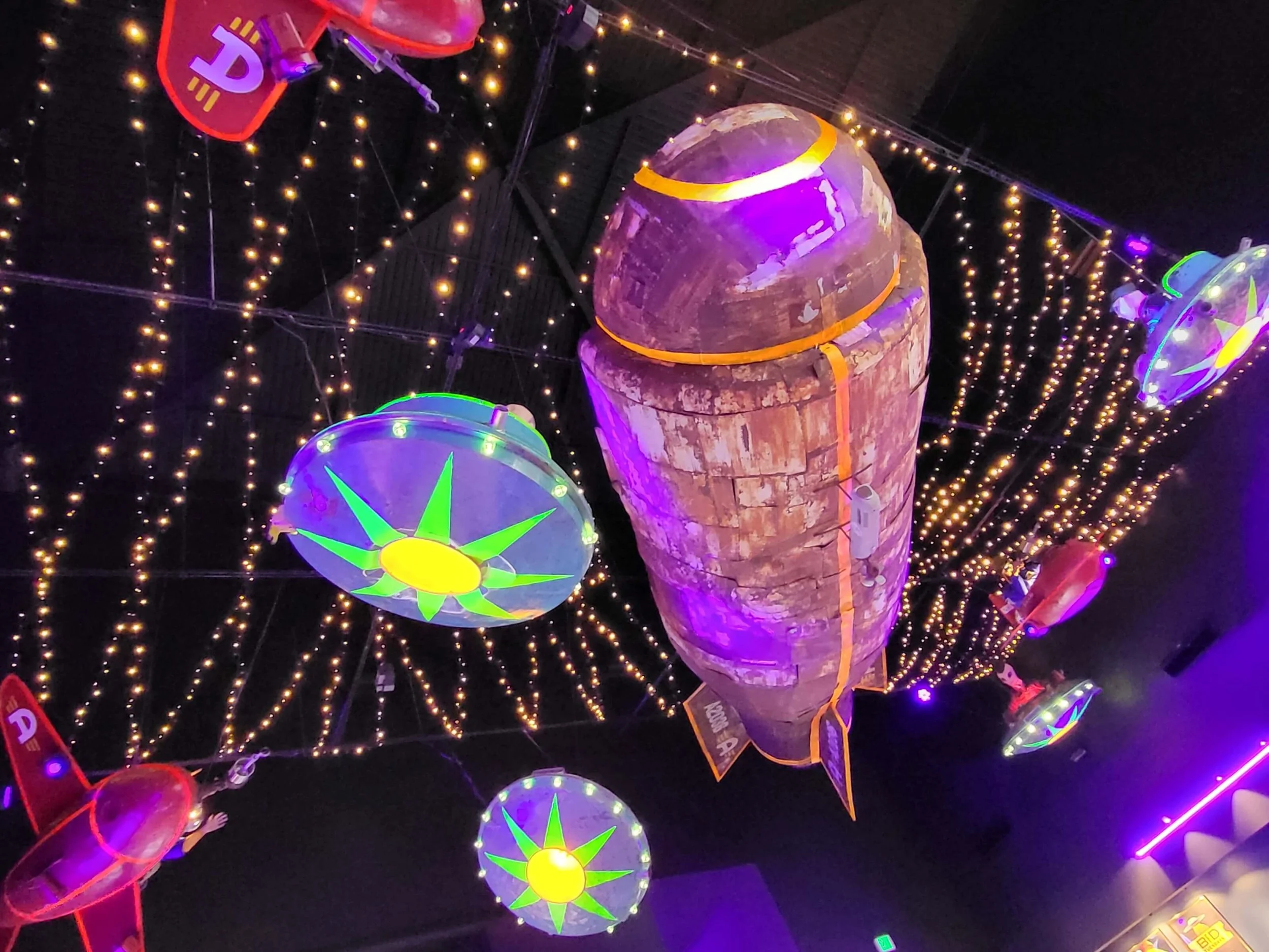 Spaceships: Hand strung and painted spacecraft models to create the perfect alien abduction.