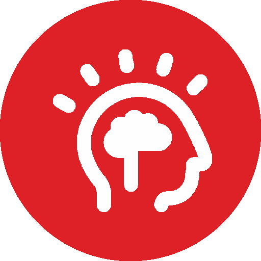 A white outline of a human head with a cloud inside it, surrounded by lines indicating ideas or thoughts, set against a red circular background.