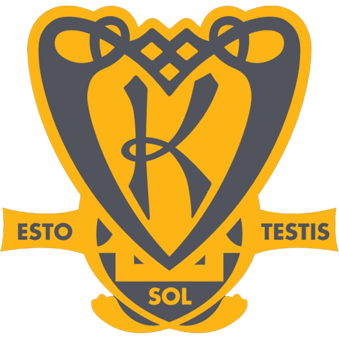 A crest logo with a yellow background and black outlines. It features a shield with a stylized, intertwined design and the words "ESTO SOL TESTIS" on a banner at the bottom.