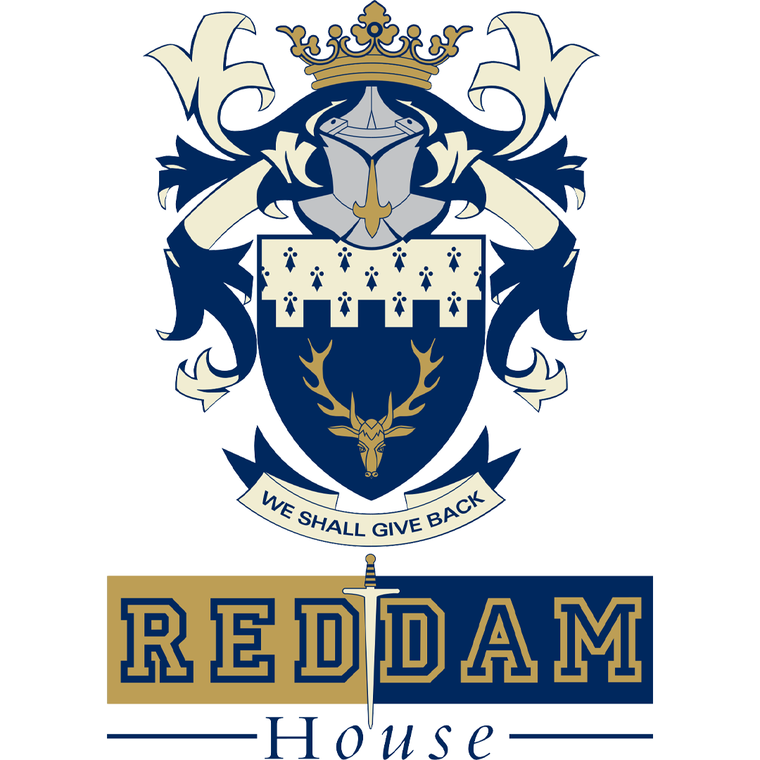 A crest featuring a shield with a deer head and antlers, topped with a crown, and a banner with the words "We Shall Give Back." Below the crest, the words "Reddam House" are displayed, with a sword vertically placed through the word "Reddam."