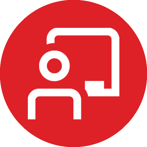 Information icon with a person and a document, on a red circular background.