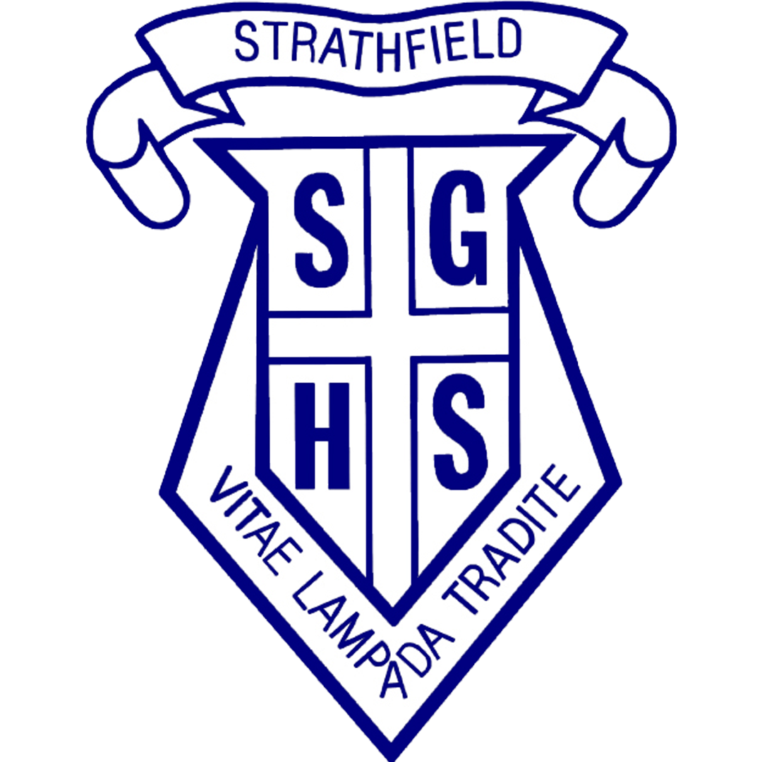 Logo for Strathfield S.T.G.H.S with a shield, banner reading 'Strathfield', and the words 'VITE LAM P O A TRADITE' at the bottom.