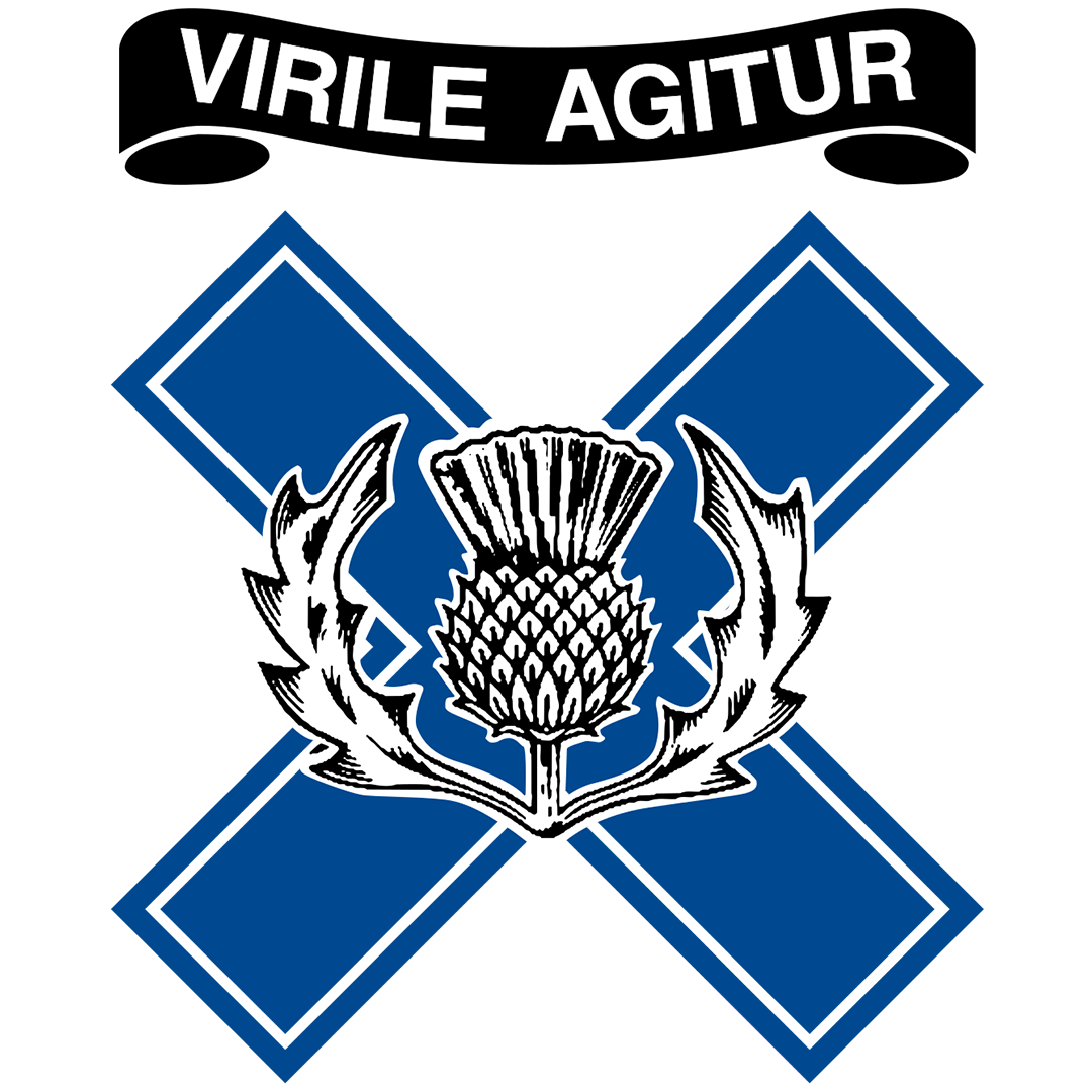 Logo with a central thistle surrounded by leaves, blue squares, and the Latin phrase 'VIRILE AGITUR' above.