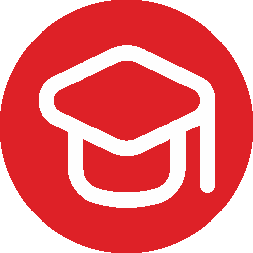Icon of a graduation cap in white on a red circular background.