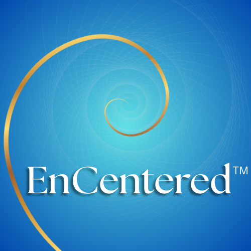A blue spiral background with a gold spiral accent and the word 'EnCentered' in white text.