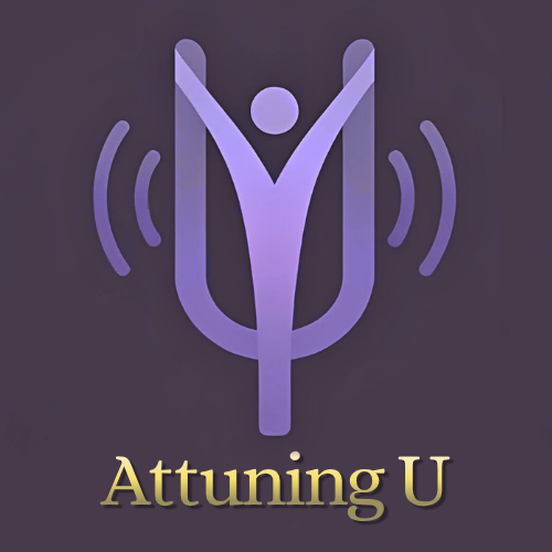 A logo featuring a stylized human figure with arms raised inside a tulip shape, surrounded by sound waves, with the text "Attuning U" below.