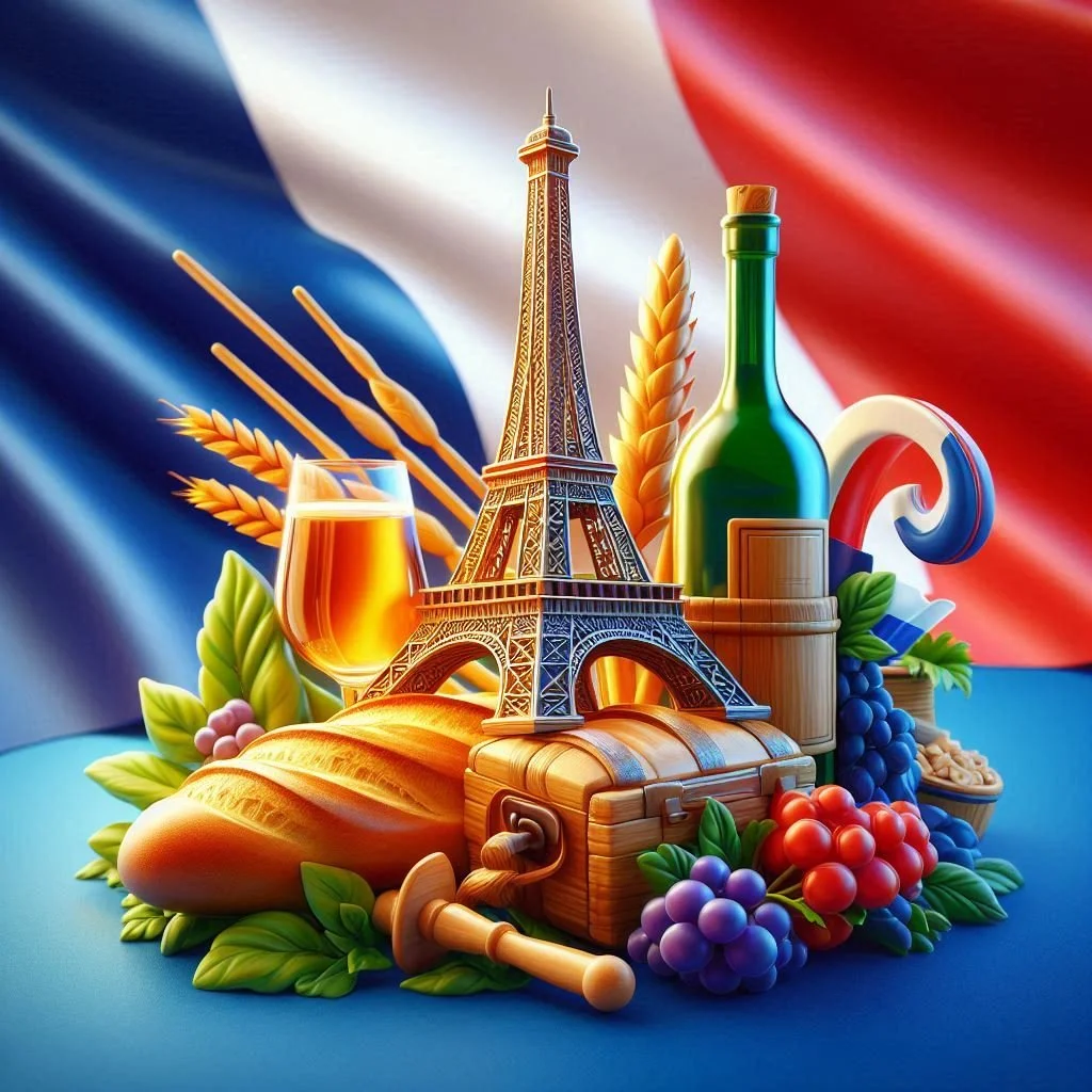 Montage of French culture with Eiffel Tower replica, wine bottle and glass, baguette, grapes, cheese, wheat, and French flag in the background.