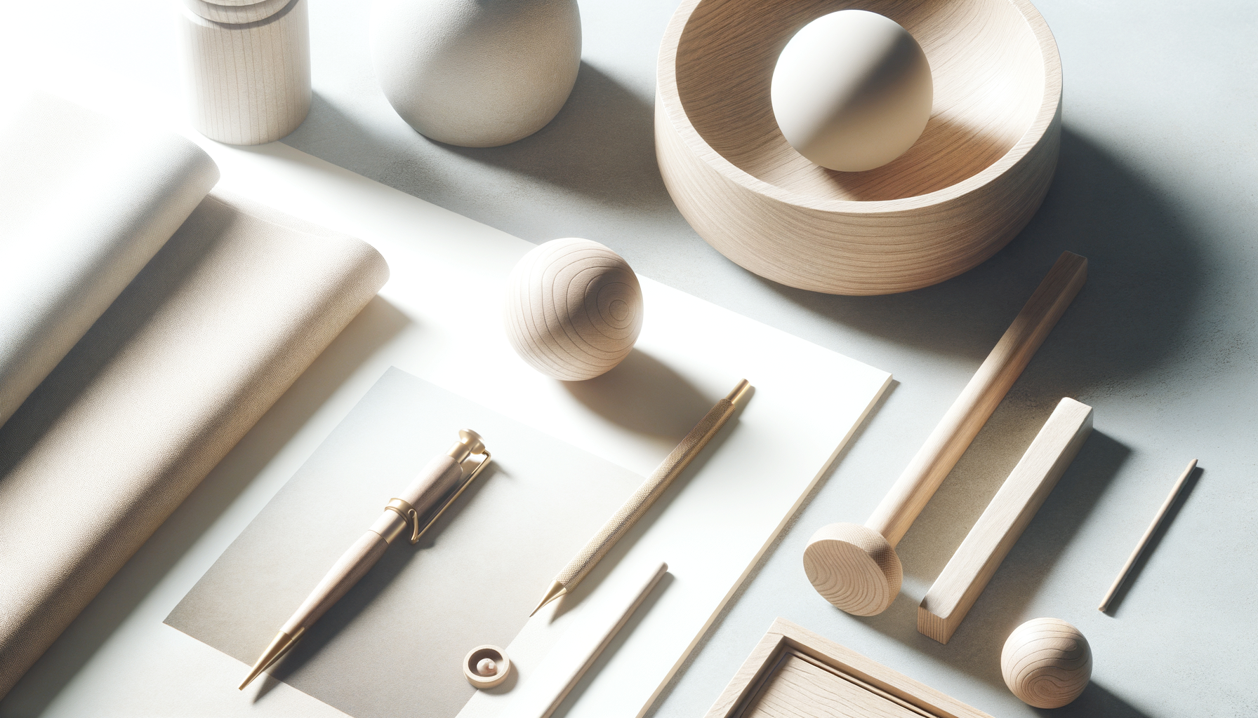 Minimalist wooden desk accessories including a bowl with a mirror ball inside, a small globe, a pen, a pencil, a ruler, and a few folded fabric pieces, all in neutral tones with soft lighting.