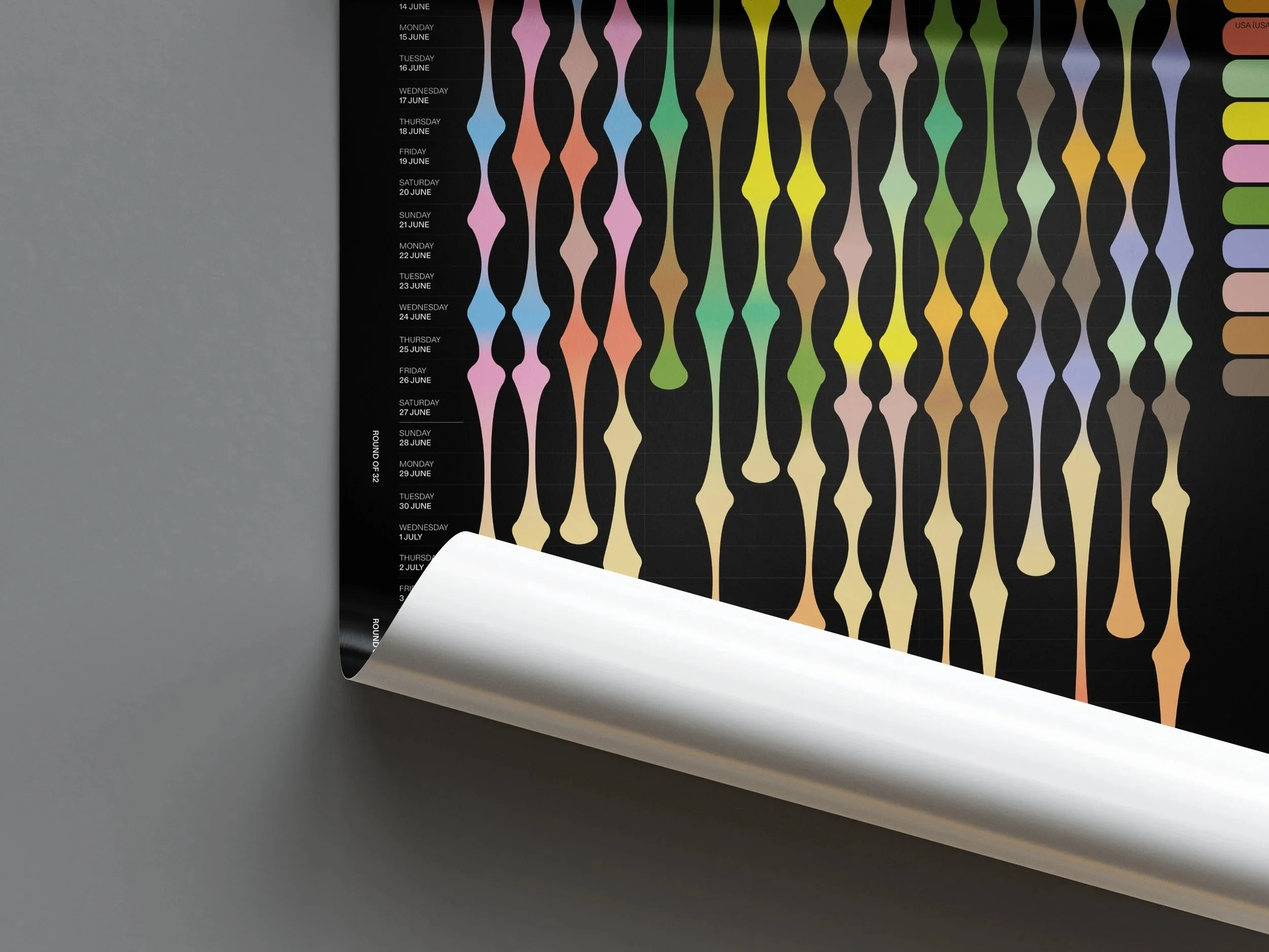 Colorful chart poster with curved shapes and dates, partially rolled up, on a gray surface.
