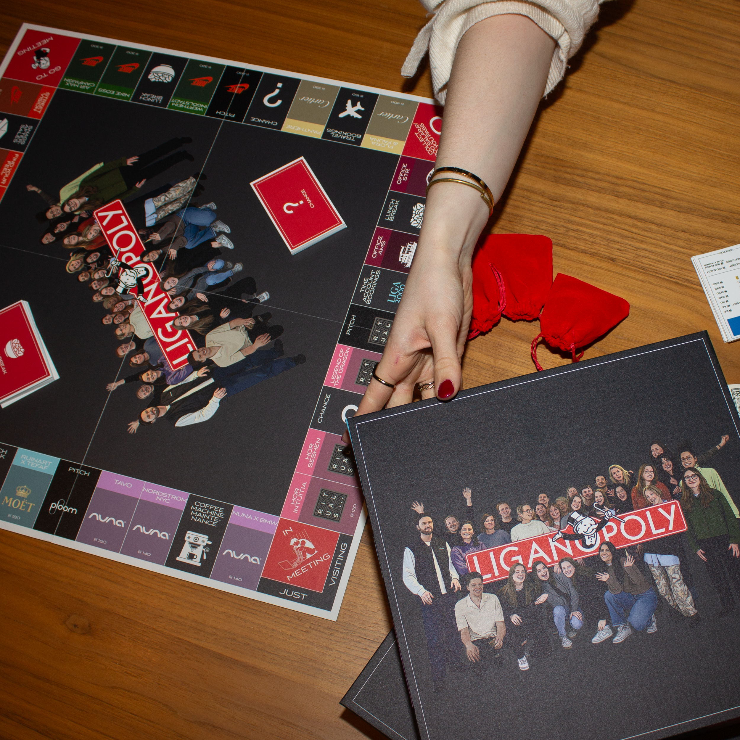 Custom LIGANOVA-Monopoly Game Design (LIGANOPOLY). This I designed together with my dear colleague Zoe-Paula Lemm and the team at LIGANOVA during my 6-month internship in Amsterdam. This set is specially designed as a farewell gift for two former col