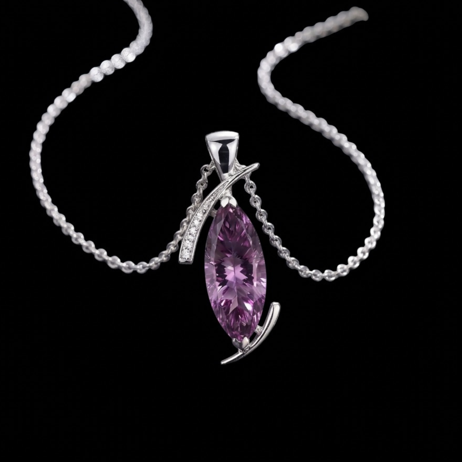 Collier Or blanc – Améthyste & rivière de Diamants