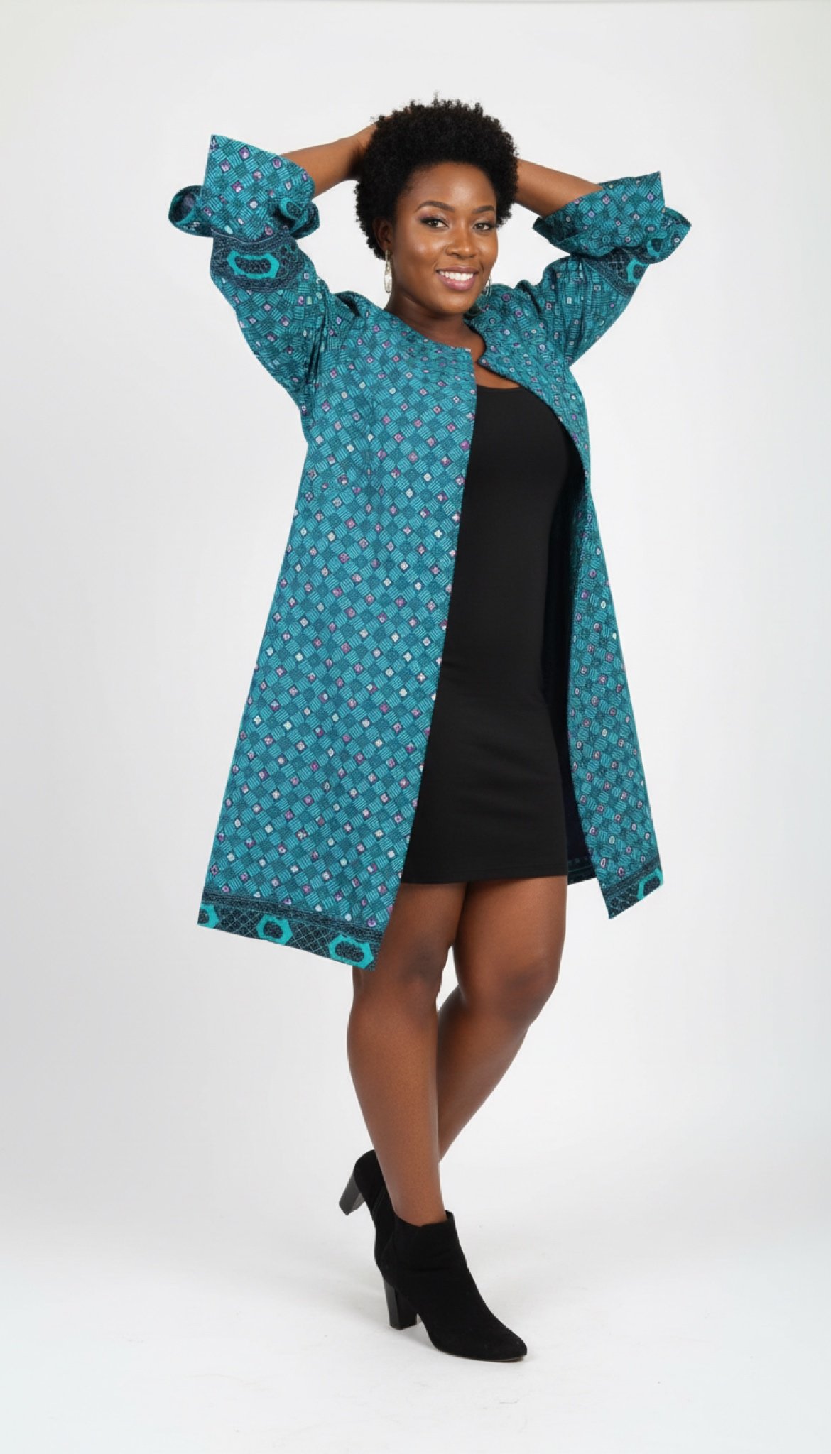 Turquoise Grid Bloom Jacket - African Print Bell-Sleeve Open Jacket (Women’s | XLarge)