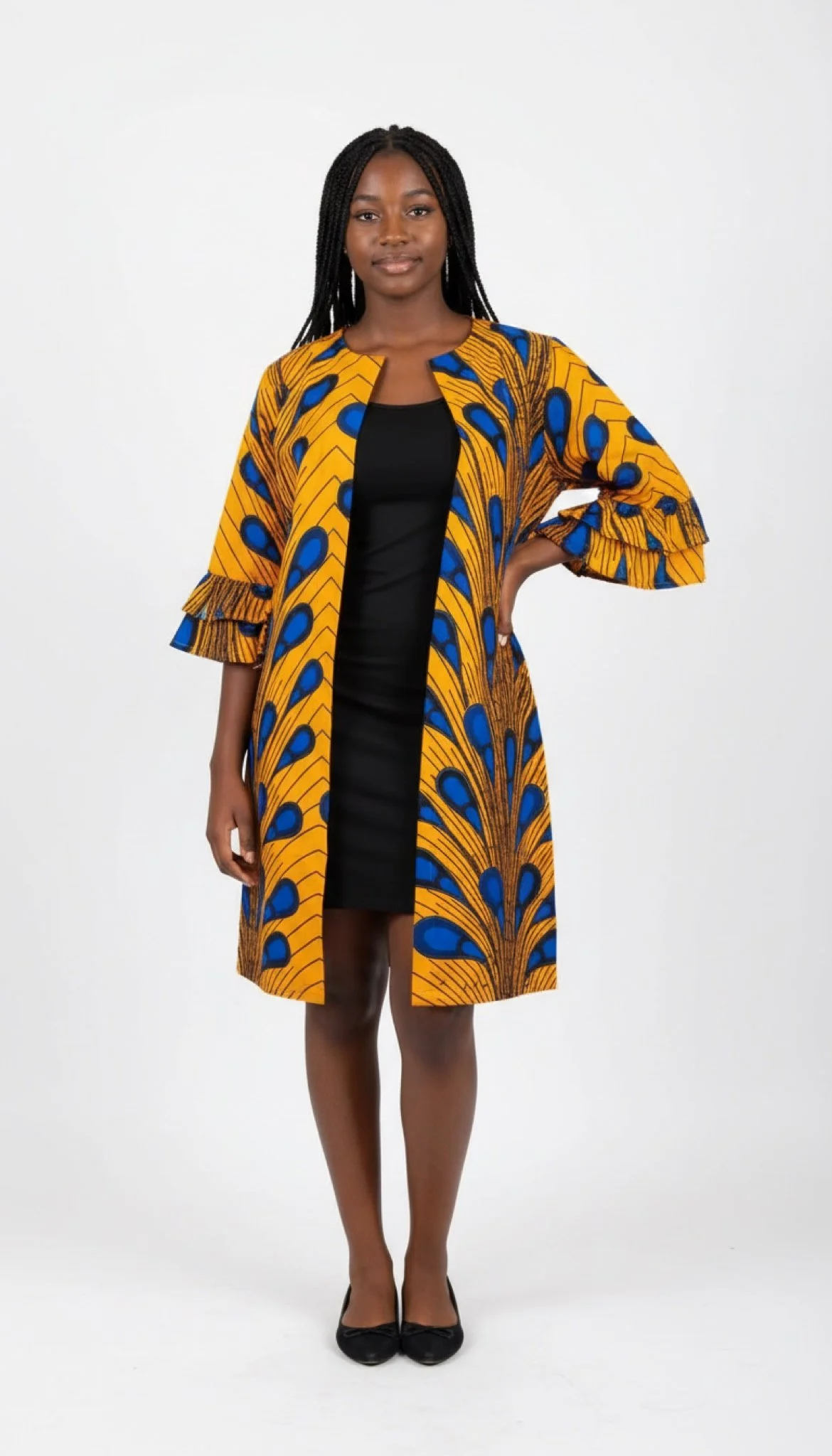 Golden Peacock Plume Jacket - African Print Bell-Sleeve Open Jacket (Women’s | XLarge)