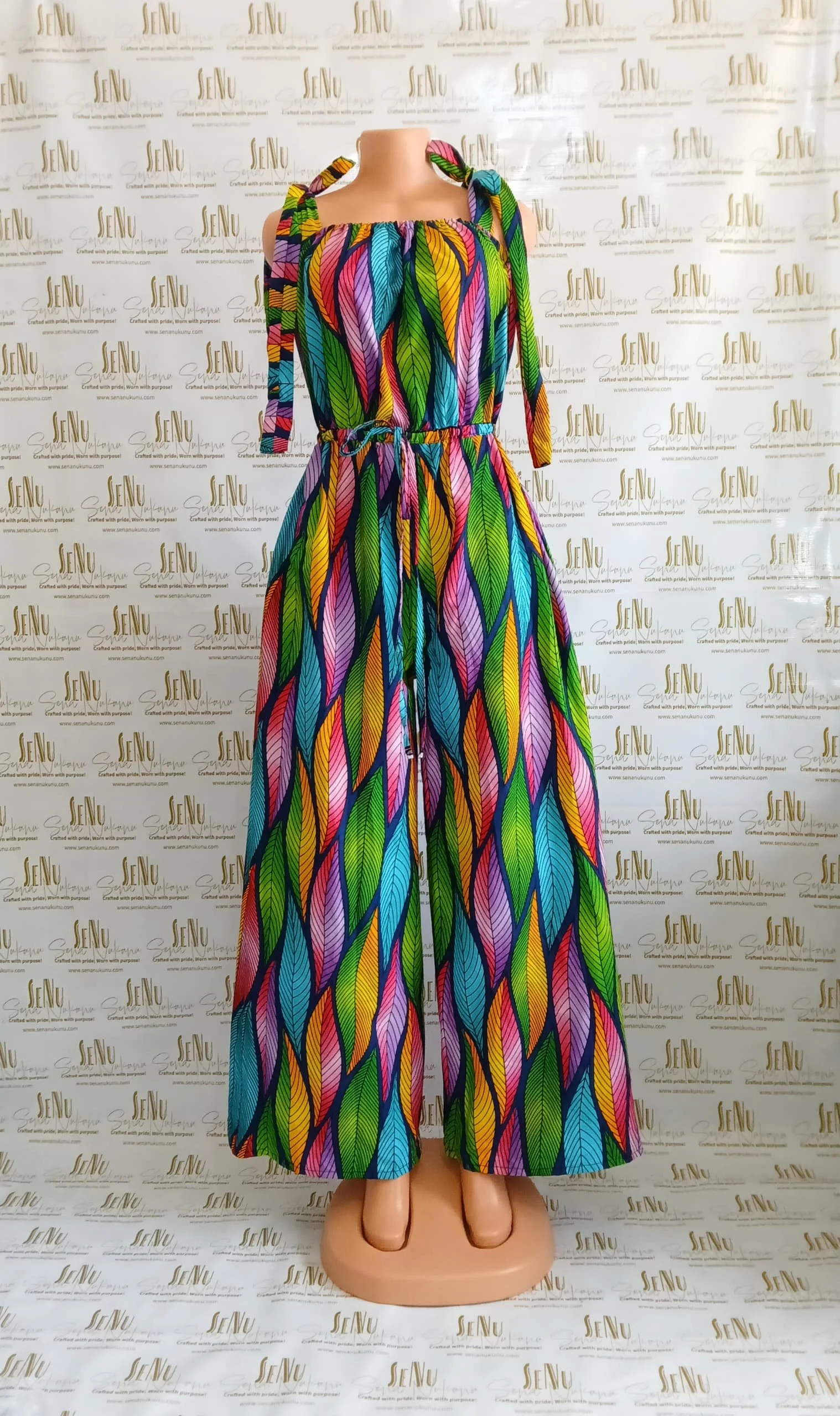 Rainbow Feather Jumpsuit - Women’s African-Inspired Wide-Leg Jumpsuit (US Women’s Size Large)