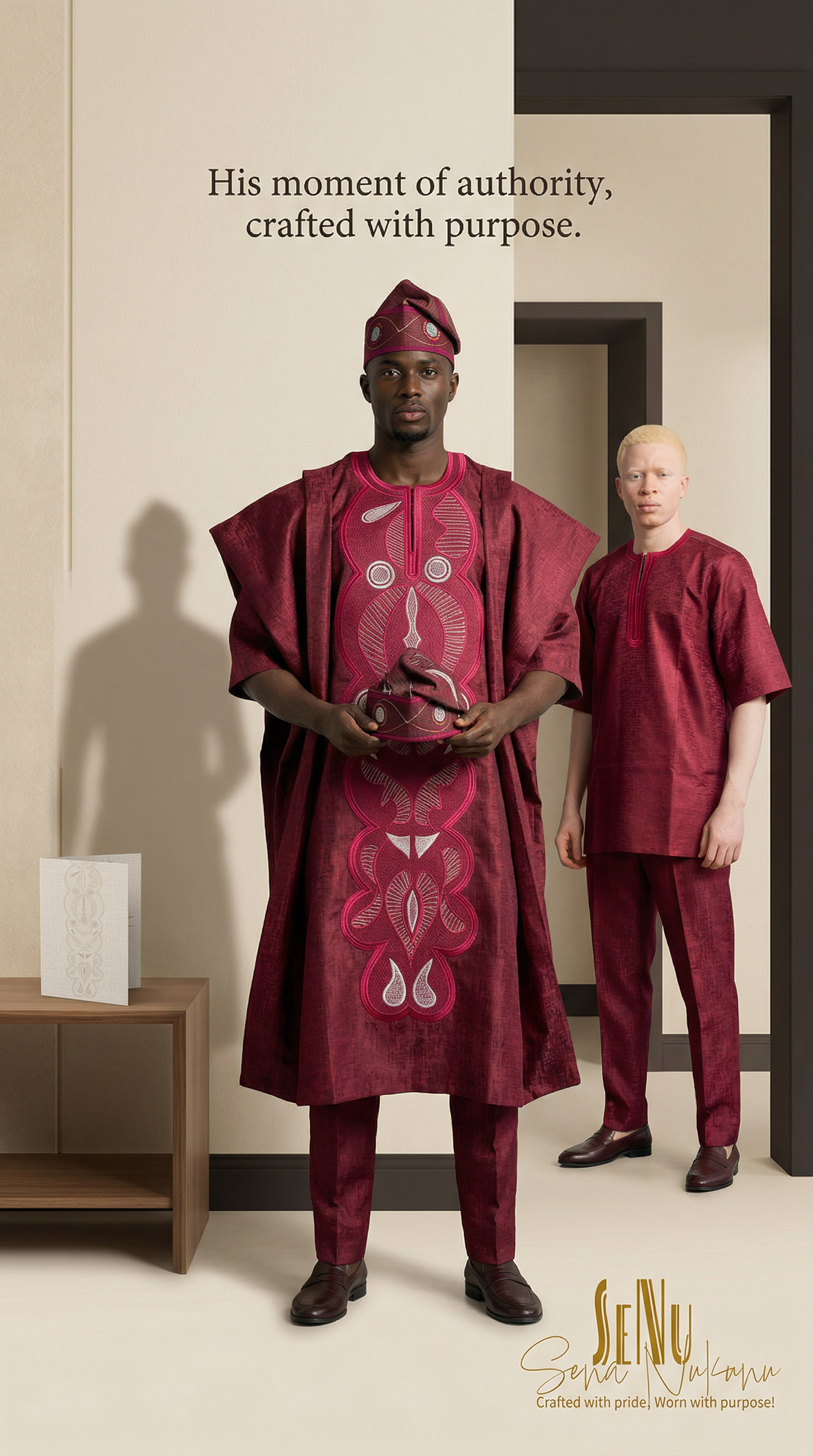 Two men wearing traditional African attire in maroon, standing in a room with beige walls. One man is holding a hat, and the other stands behind him. The wall behind them has text that reads, "His moment of authority, crafted with purpose," and at the bottom, there is a logo that says "Sewa N'Kantana" with the tagline "Crafted with pride, Worn with purpose!"