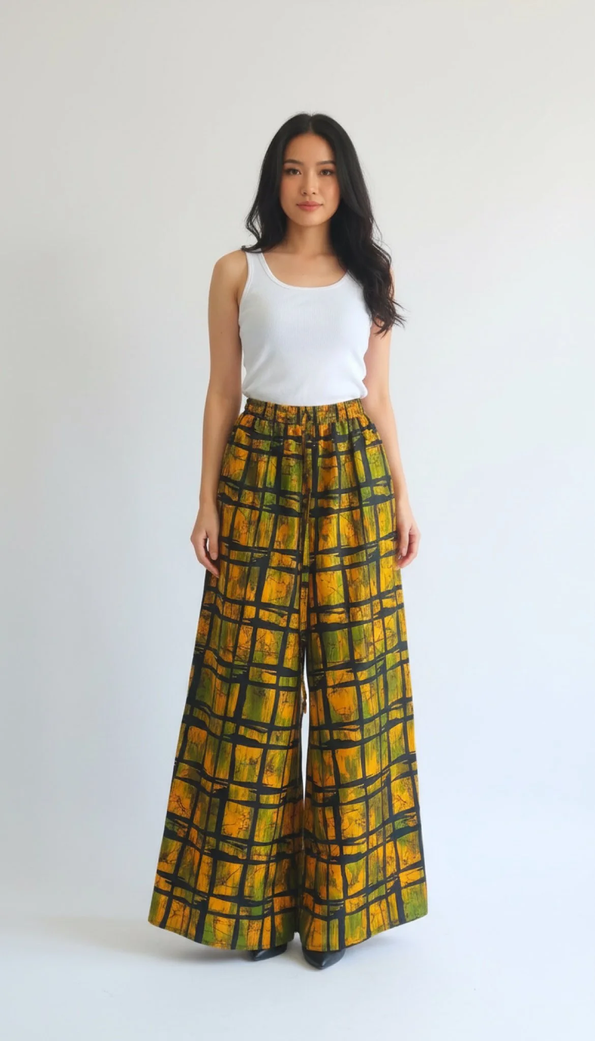 Savanna Grid Palazzo Pant - African Print Wide-Leg Pant (One Size | Fits US 4XL-6XL)