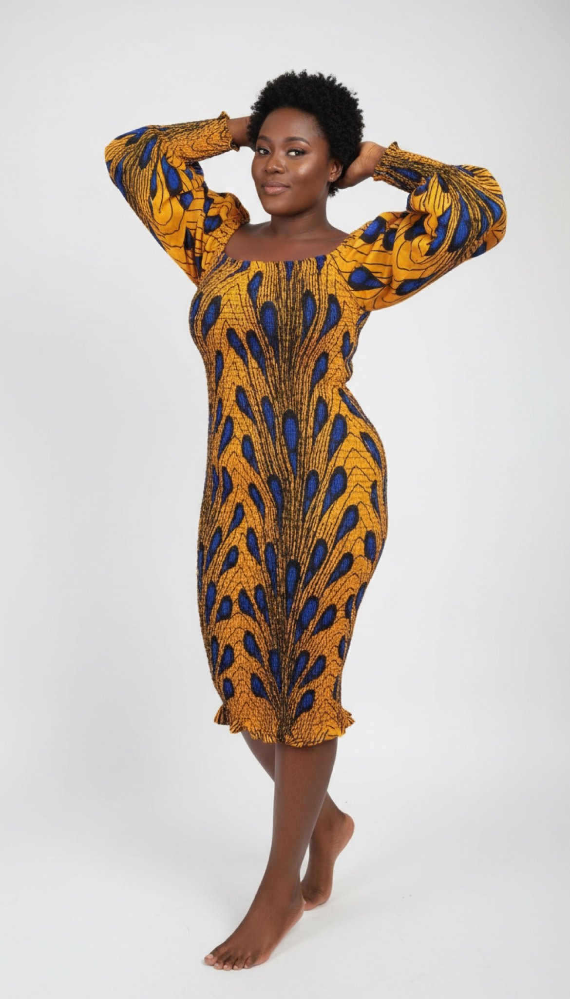 Gloden Peacock Bloom Smocked Dress - Women’s African-Inspired Outfit (US Women’s Size XLarge)