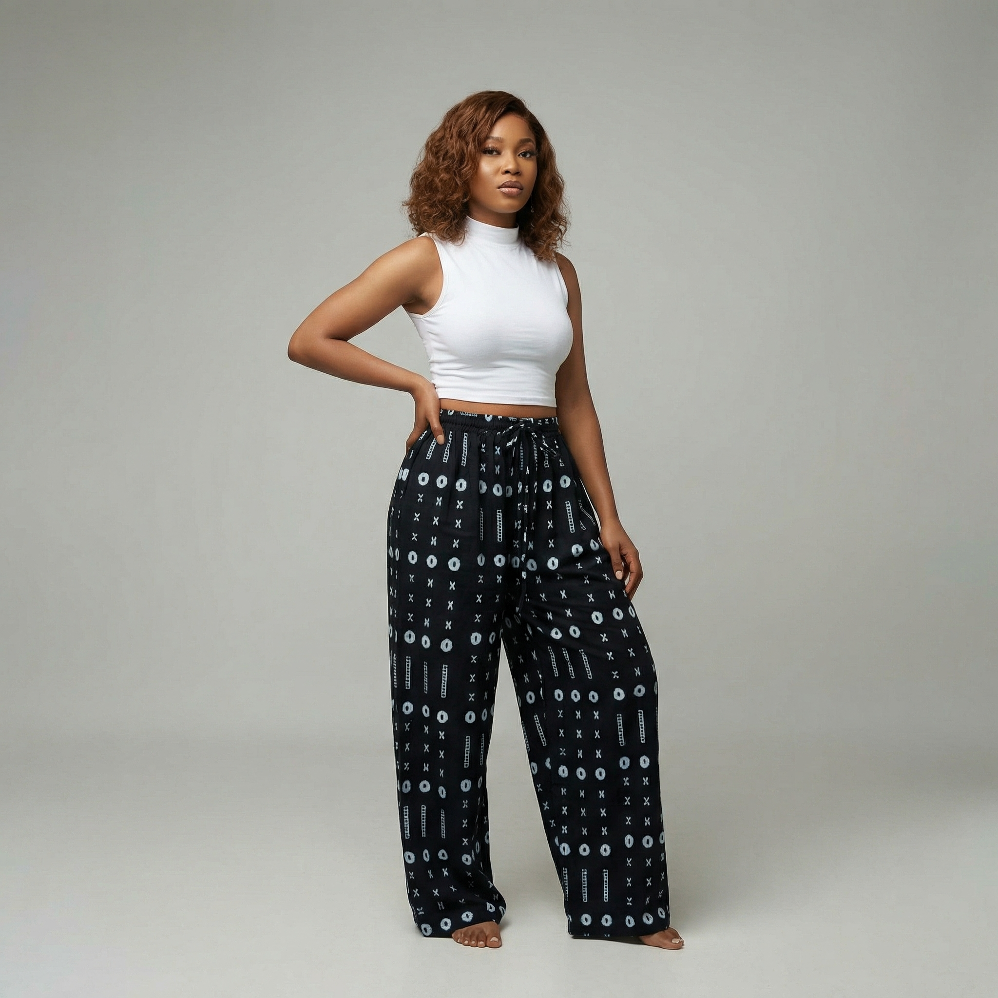 Midnight Adinkra Ease Palazzo Pants - African Print Wide-Leg Pants  (One Size | Fits US XL-3XL)