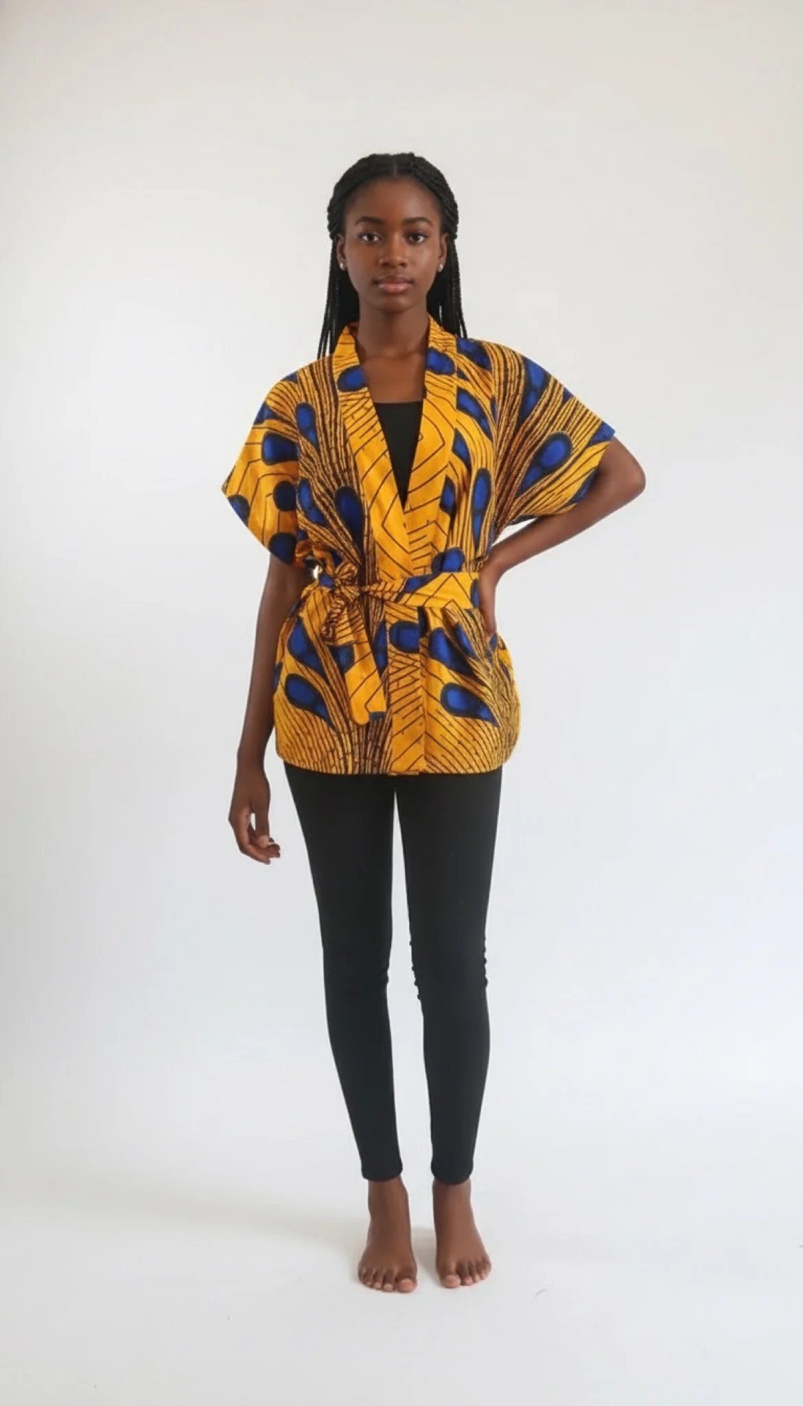Golden Peacock Bloom Kimono Jacket - African Print Belted Kimono Jacket (Women’s | XXLarge)