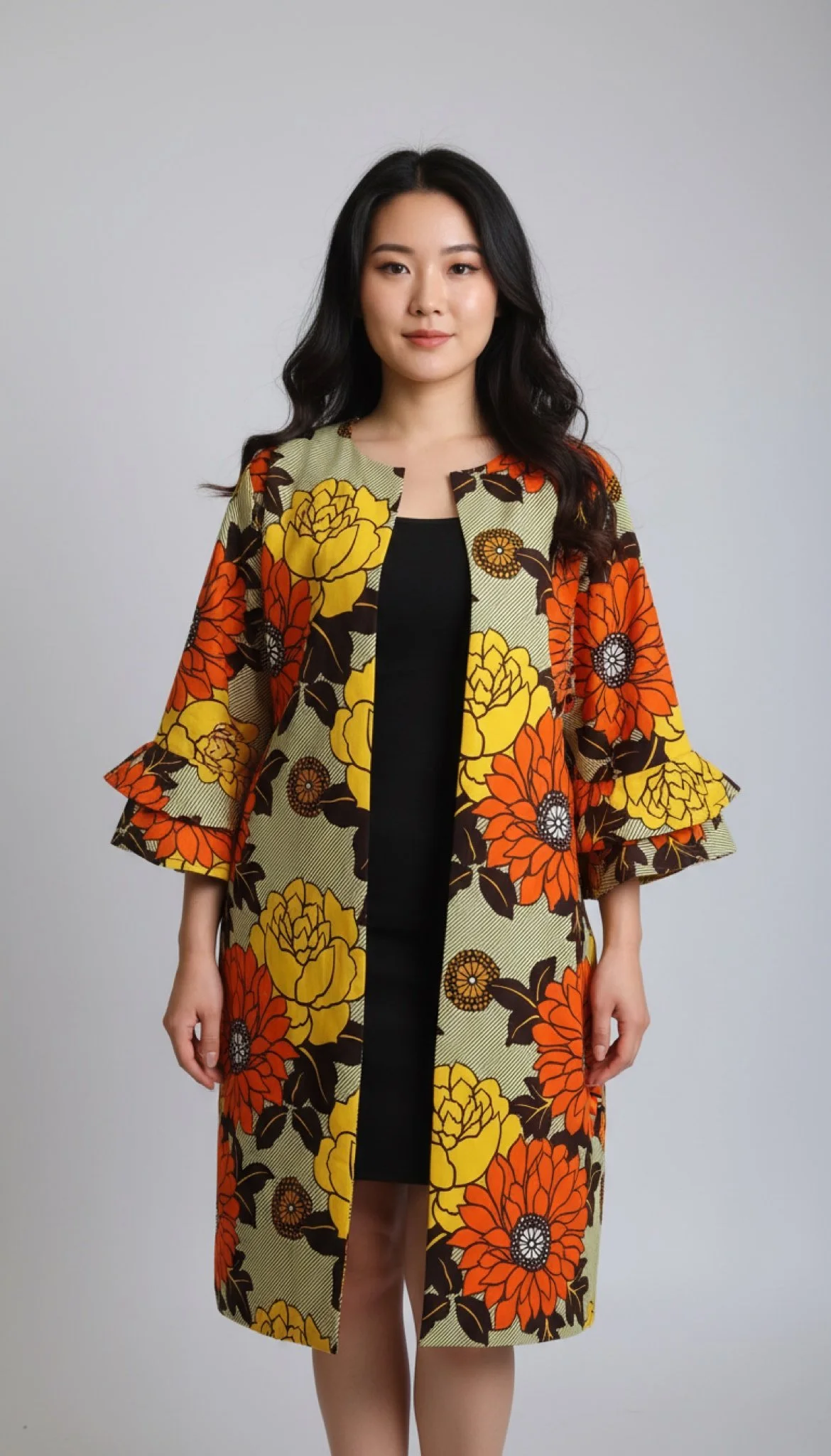 A woman with long black hair wearing a black dress and a long, floral patterned coat with large orange, yellow, and brown flowers, standing against a gray background.