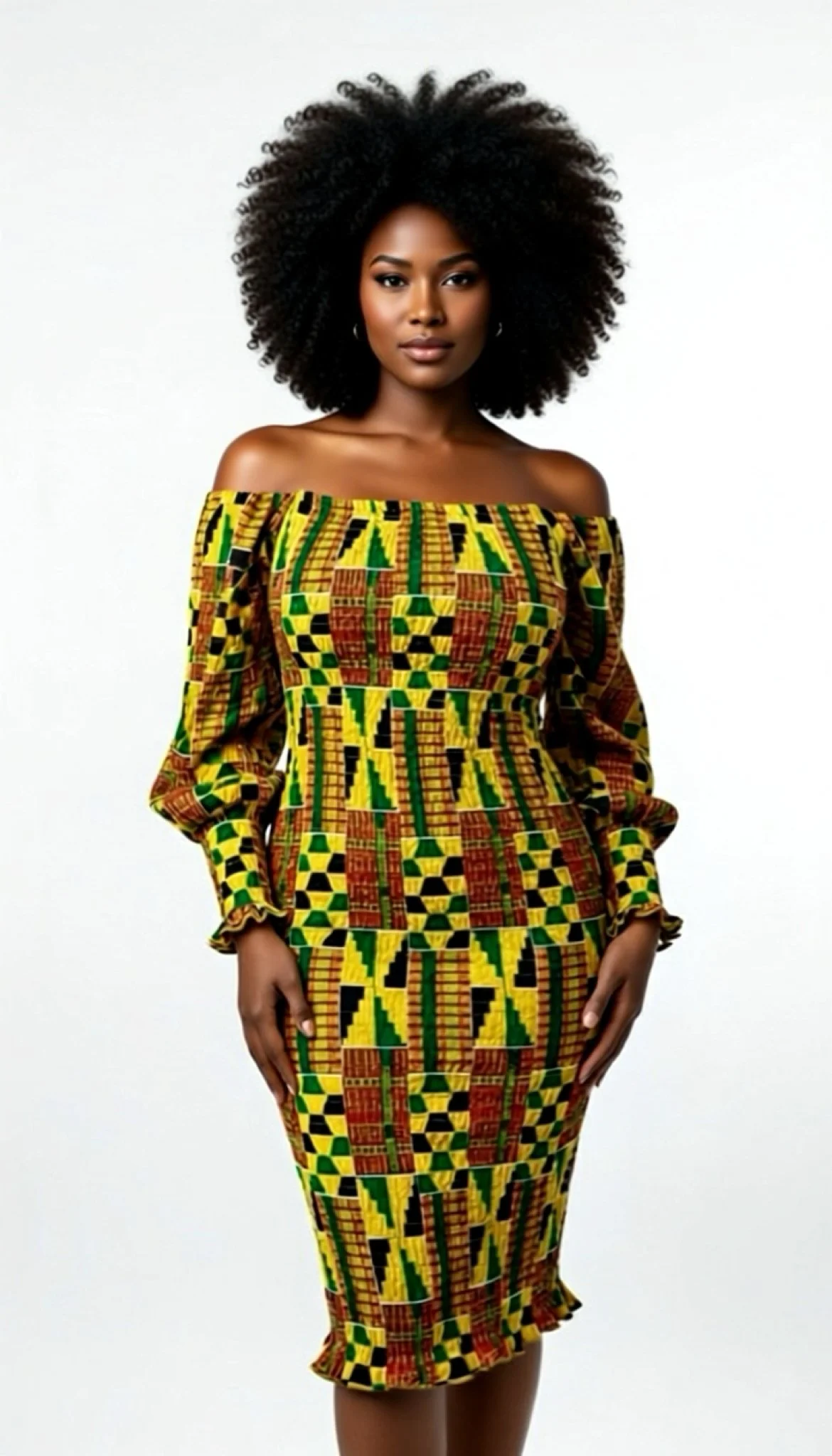 Kente Elegance Smocked Midi Dress - Women’s African-Inspired Outfit (US Women’s Size XXLarge)