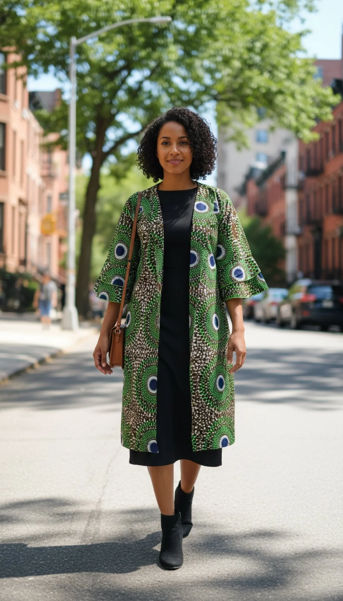 A woman walking on a city street with trees and residential buildings in the background. She is wearing a colorful coat with green, blue, and white circular patterns, a black dress, and black ankle boots. She is carrying a brown shoulder bag and has curly black hair.