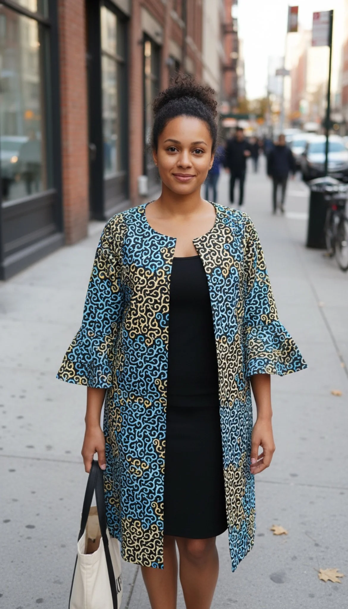 Blue Echo Jacket - African Print Bell-Sleeve Open Jacket (US Large)