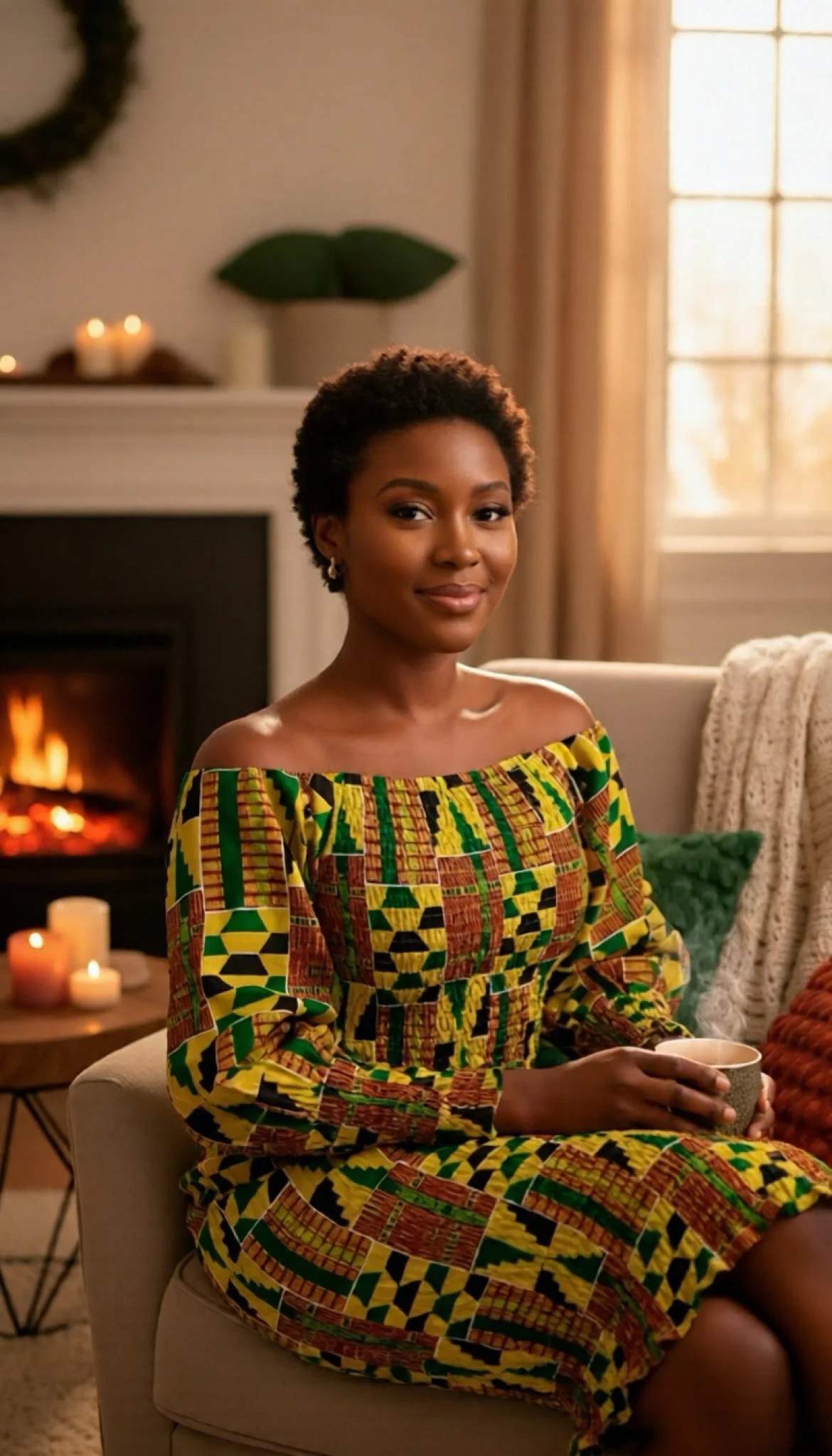 A woman with short curly hair sitting on a beige armchair holding a mug, wearing an off-shoulder colorful African print dress, in a cozy living room with fireplace, candles, and warm lighting.