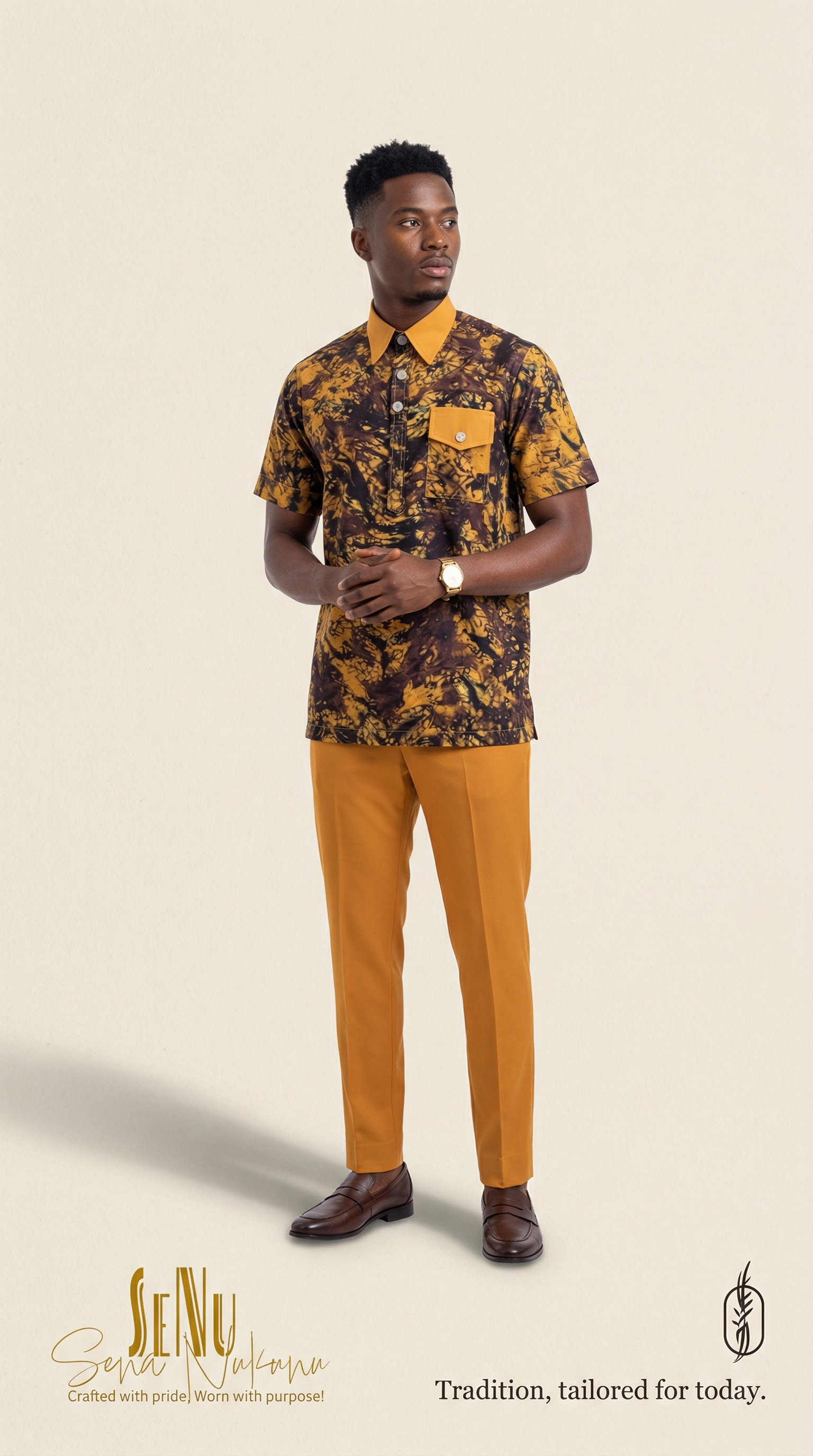 A young man is standing against a plain background, wearing a short-sleeved button-up shirt with a yellow and black pattern, yellow collar and pocket, yellow pants, and brown leather shoes. He has a watch on his left wrist and his hands clasped in front of him. There is a logo and stylized text that reads 'SENA Sensu' at the bottom left, and the phrase 'Tradition, tailored for today.' at the bottom right.