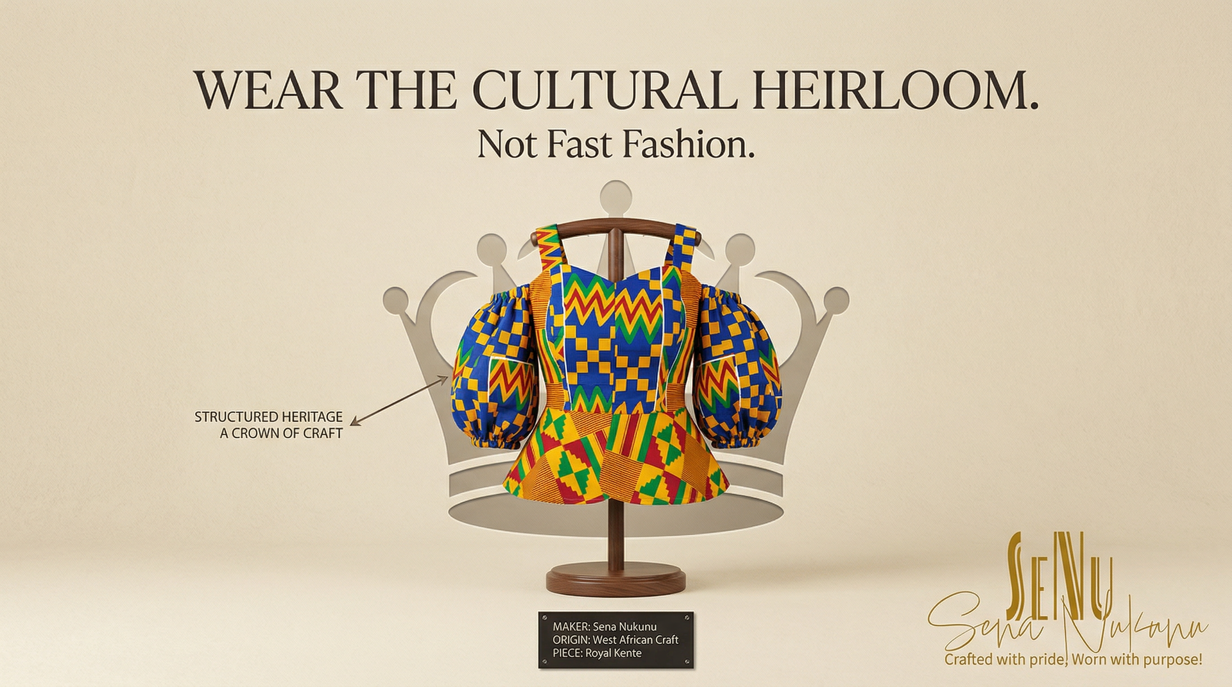 Colorful traditional African garment with geometric patterns on a wooden mannequin stand, set against a beige background with a crown graphic. Text promotes cultural heritage and craftsmanship.