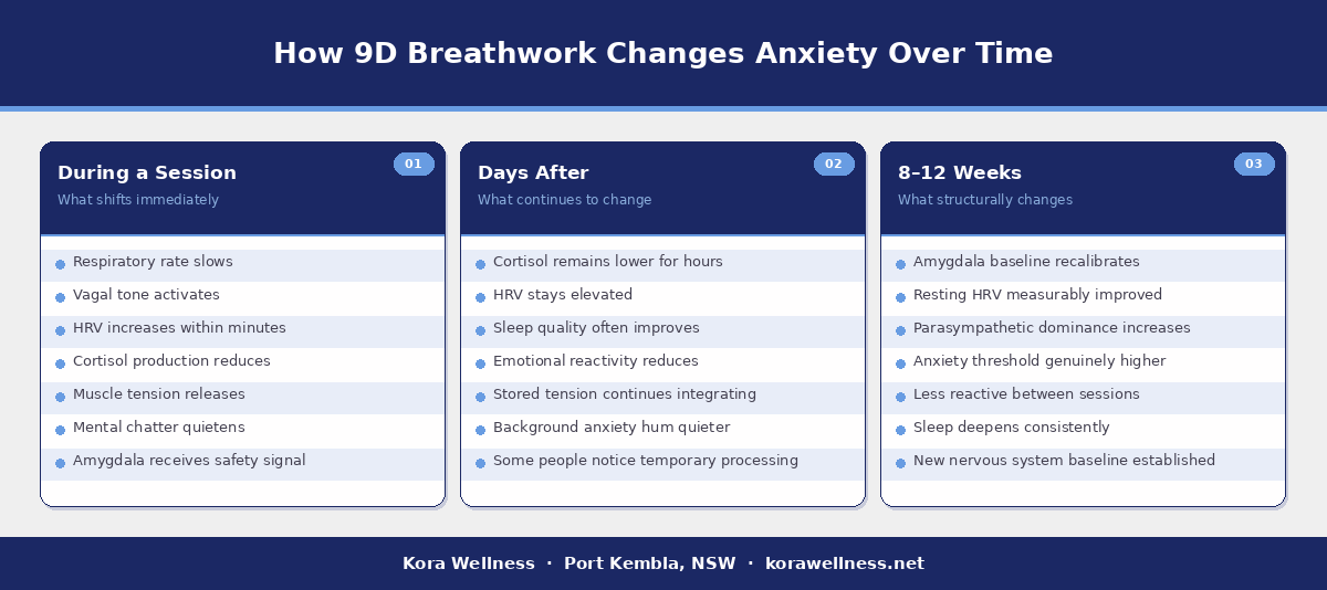 Timeline showing how 9D breathwork affects anxiety across a single session, the days following, and over 8-12 weeks of consistent practice at Kora Wellness Port Kembla