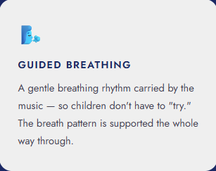 Guided breathing card explaining how children are supported through gentle breath patterns during a 9D breathwork session