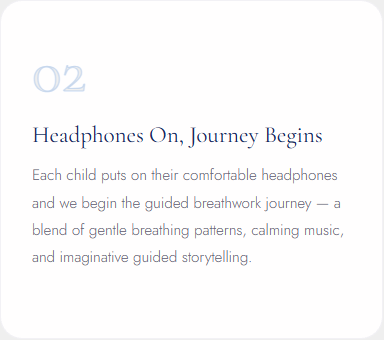 Step 2 of a kids 9D breathwork session at Kora Wellness — children put on headphones and begin the guided breathwork journey