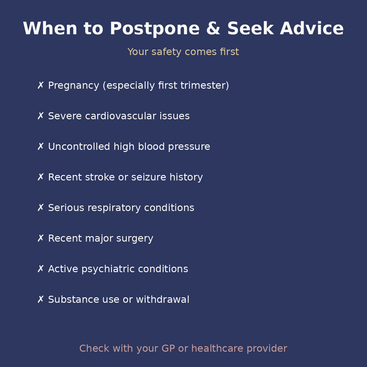 Safety checklist showing when to postpone breathwork and seek medical advice before sessions