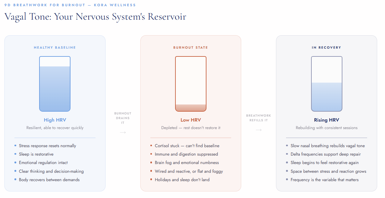 Diagram showing vagal tone as a reservoir that burnout depletes and downregulating 9D breathwork refills, with HRV outcomes at each stage — Kora Wellness Port Kembla