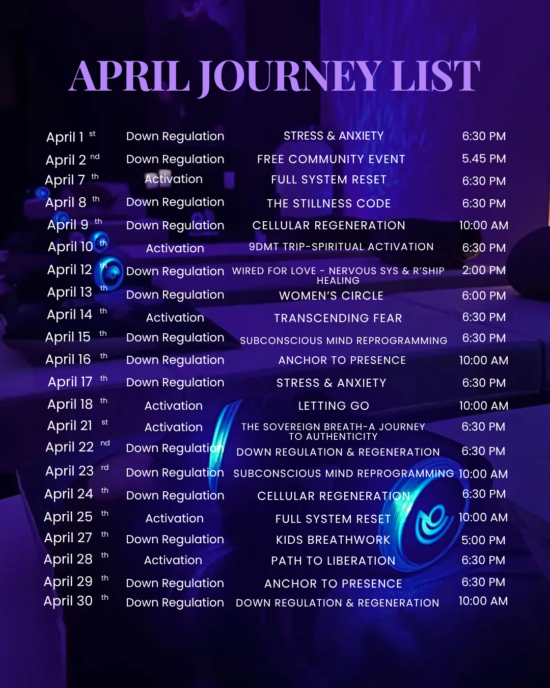 April 2026 9D breathwork journey list at Kora Wellness — full schedule of activation and down regulation sessions with dates and times for the Illawarra