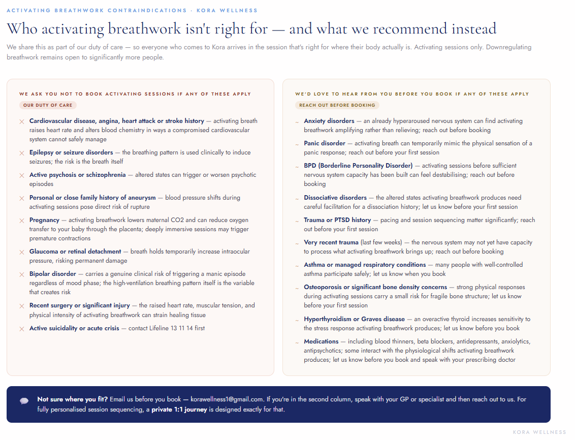 Who activating 9D breathwork isn't right for — contraindications guide from Kora Wellness Port Kembla, serving the Illawarra