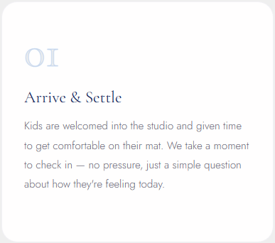 Step 1 of a kids 9D breathwork session at Kora Wellness — children arrive and settle comfortably on their mat