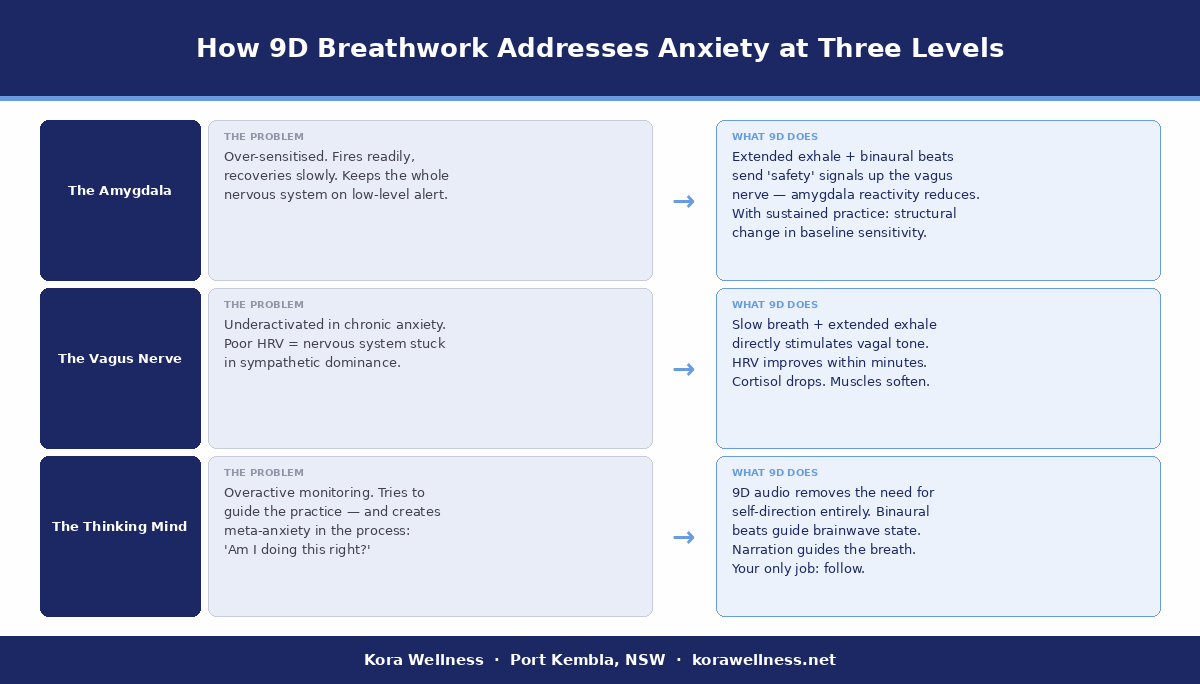 Diagram showing how 9D breathwork addresses anxiety at three levels — the amygdala, the vagus nerve, and the thinking mind — compared to solo breathing techniques at Kora Wellness Port Kembla