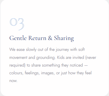 Step 3 of a kids 9D breathwork session at Kora Wellness — children ease out of the journey with grounding and gentle sharing