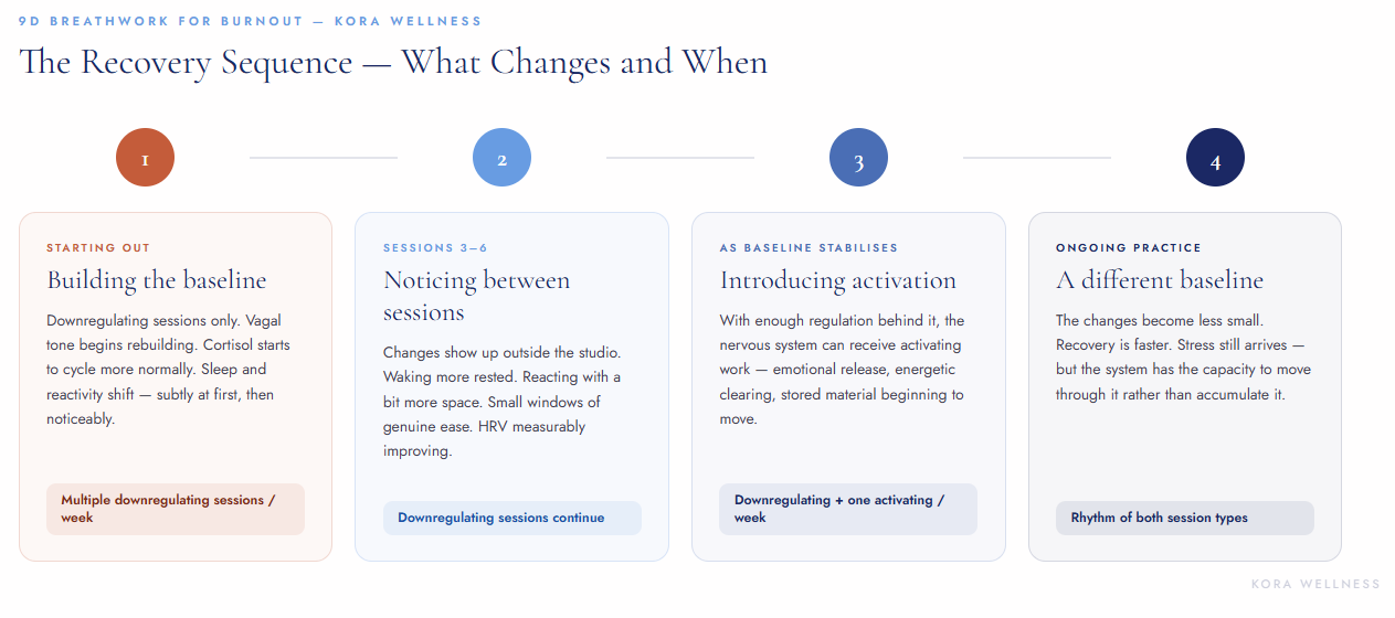 Timeline showing the four stages of 9D breathwork burnout recovery — from building a baseline with downregulating sessions through to a different nervous system baseline — Kora Wellness Wollongong Illawarra